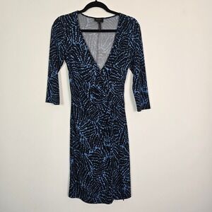 Laundry by Design Faux Wrap Dress Womens Small Blue Black Abstract Ruched Office